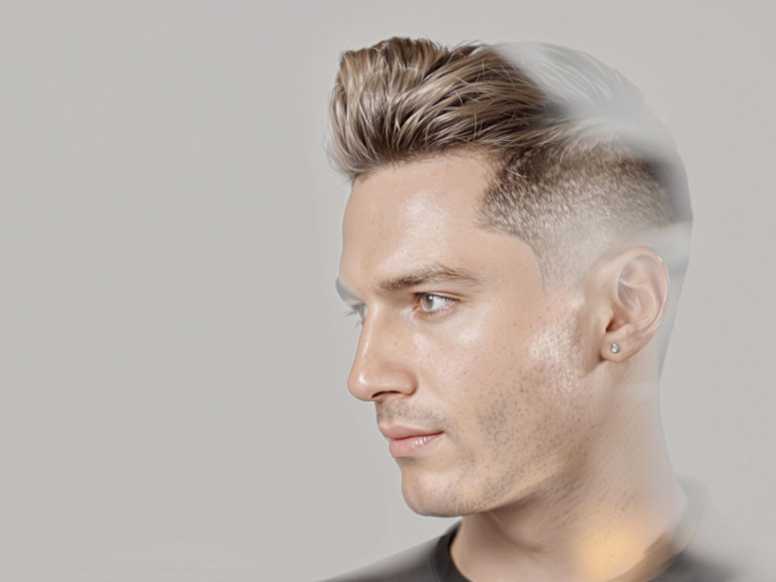 Man with modern haircut and minimalist style on neutral background.