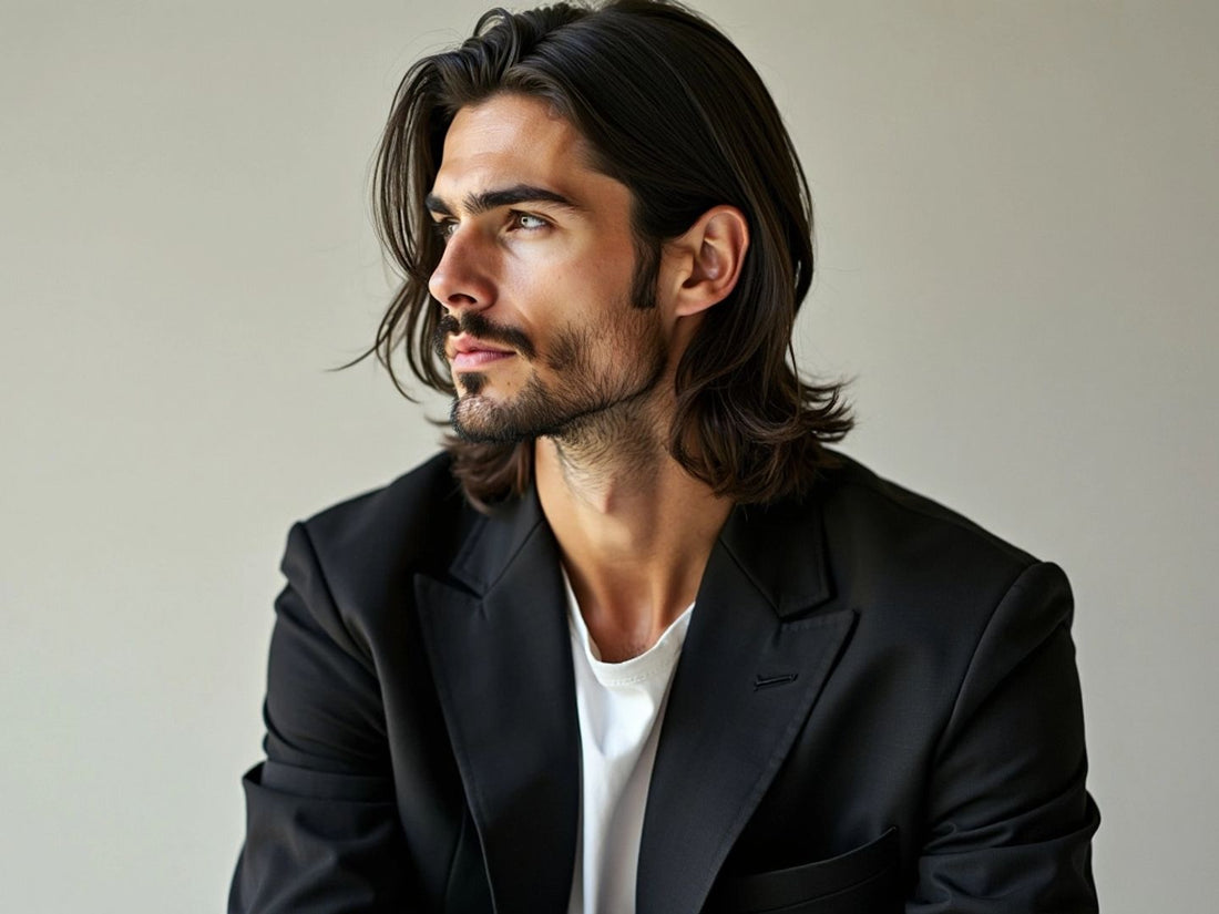 Stylish man with long hair in minimalist fashion.