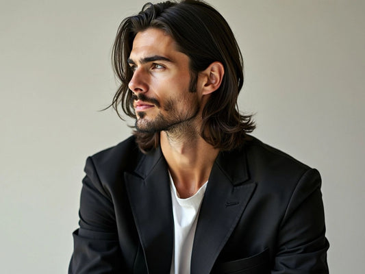 Stylish man with long hair in minimalist fashion.
