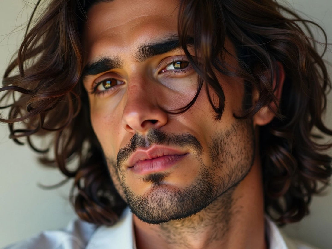 Man with long curly hair in minimalist style.