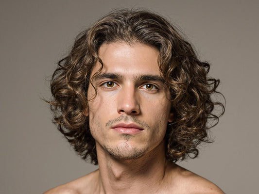Man with long curly hair, minimalist style, soft lighting.