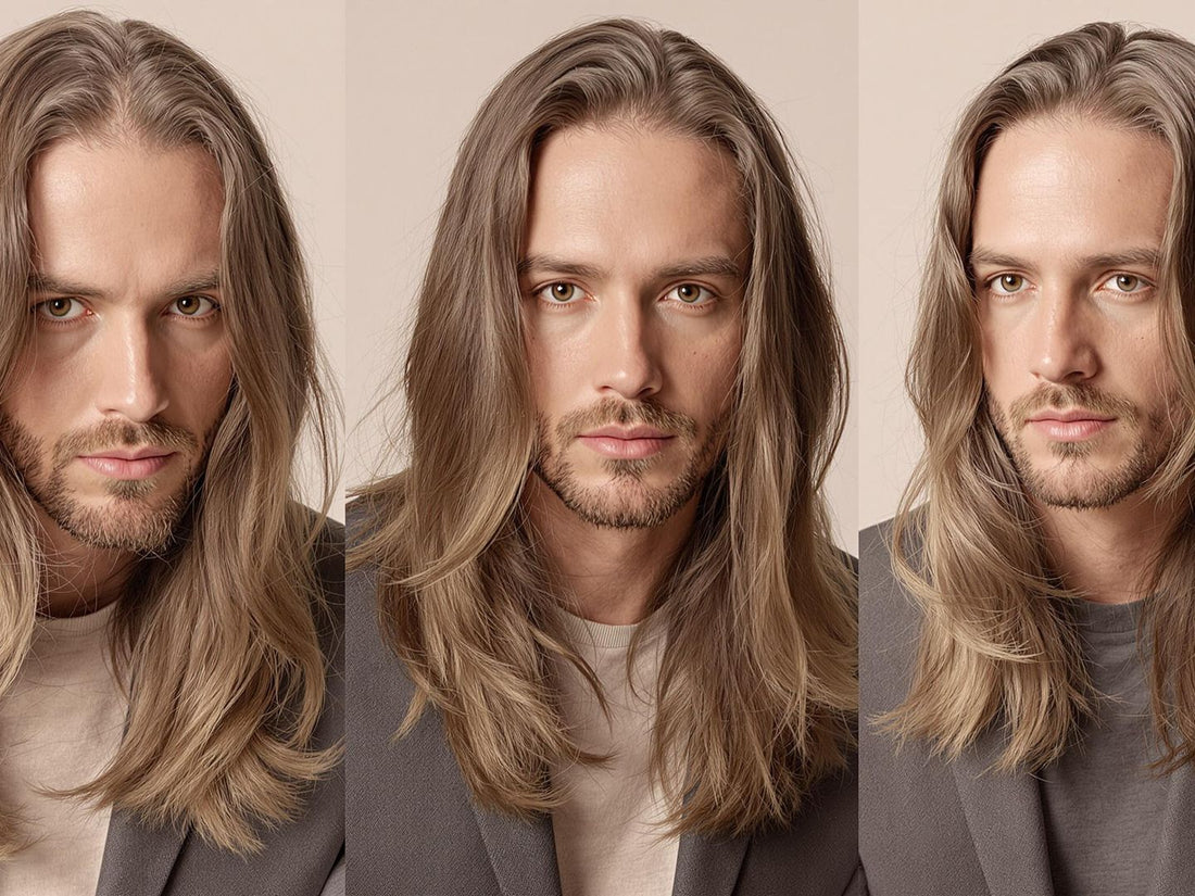 Stylish man with trendy long hair in minimalist fashion.
