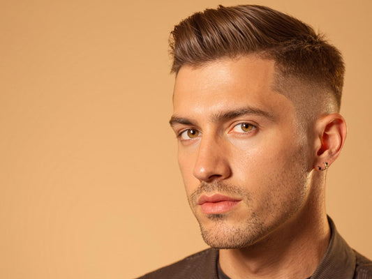 Man with sophisticated haircut, soft lighting, neutral background.
