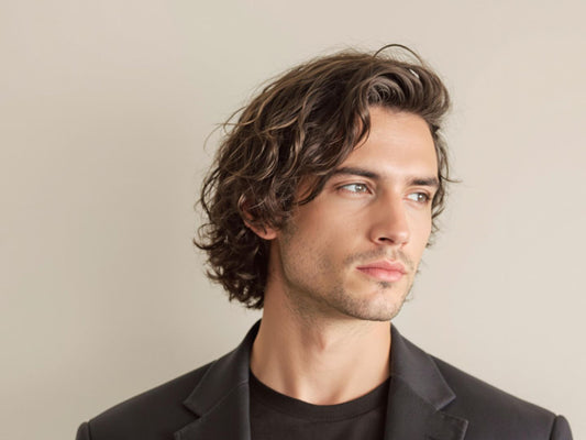 Man with long curly hair in minimalist, clean fashion