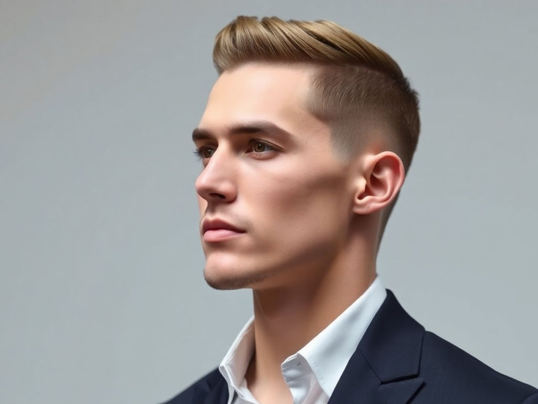 Stylish man with minimalist haircut and clean outfit.