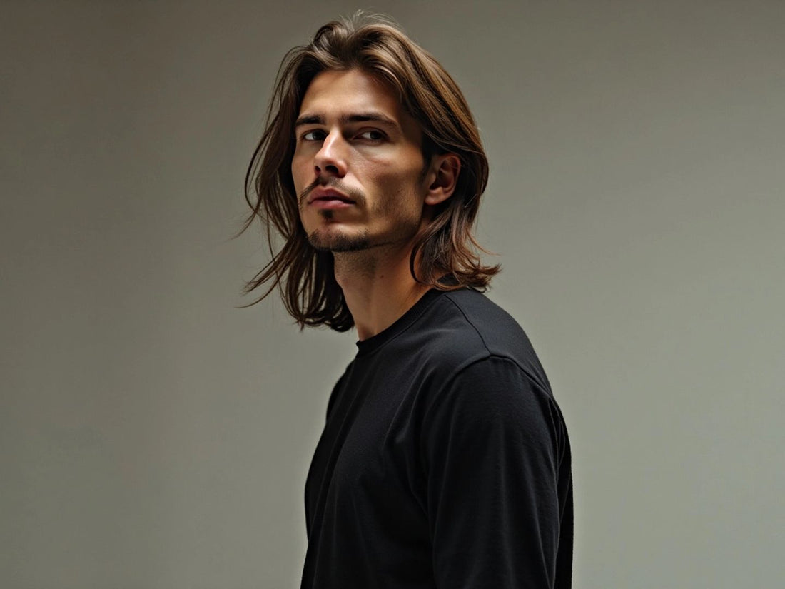 Stylish man with long hair in soft lighting.