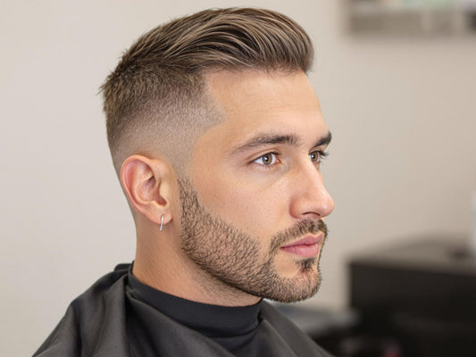 Man with stylish haircut in modern minimalist salon