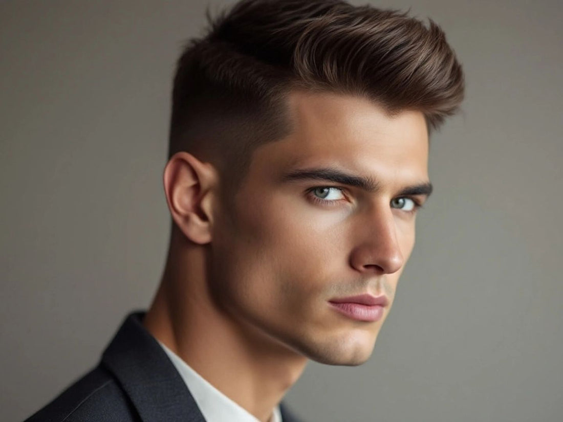 Stylish man with minimalist haircut in soft lighting.