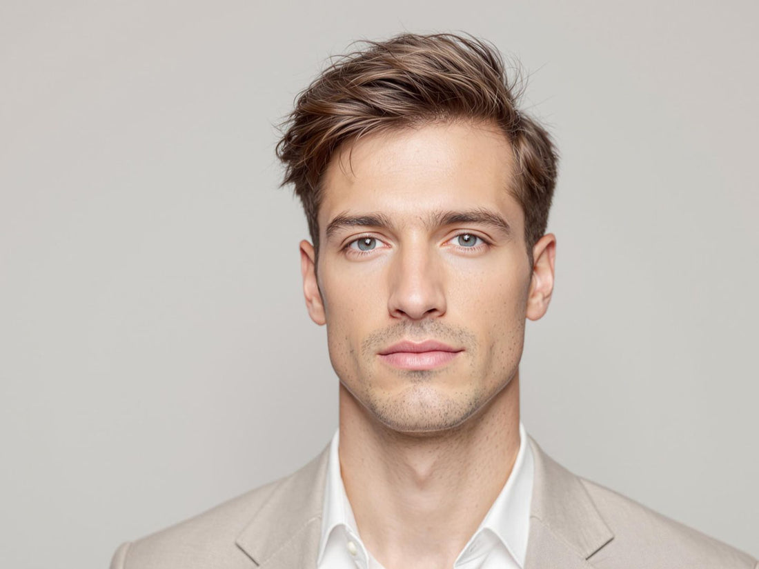 Man with full hair and smooth skin, minimalist style