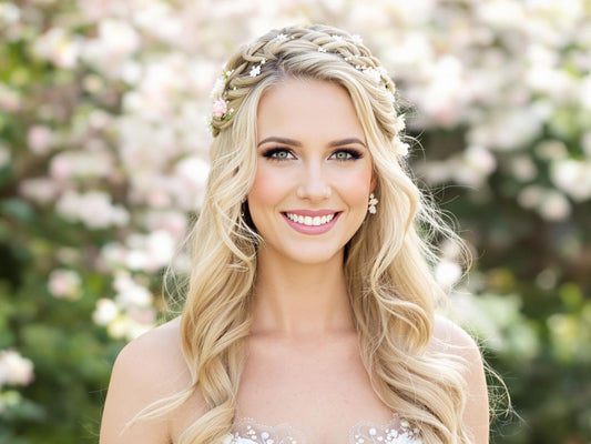 Elegant bride with long, flowing wedding hairstyle.
