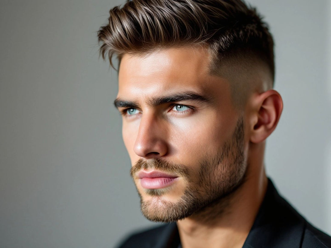 Stylish man with a minimalist haircut in soft lighting.