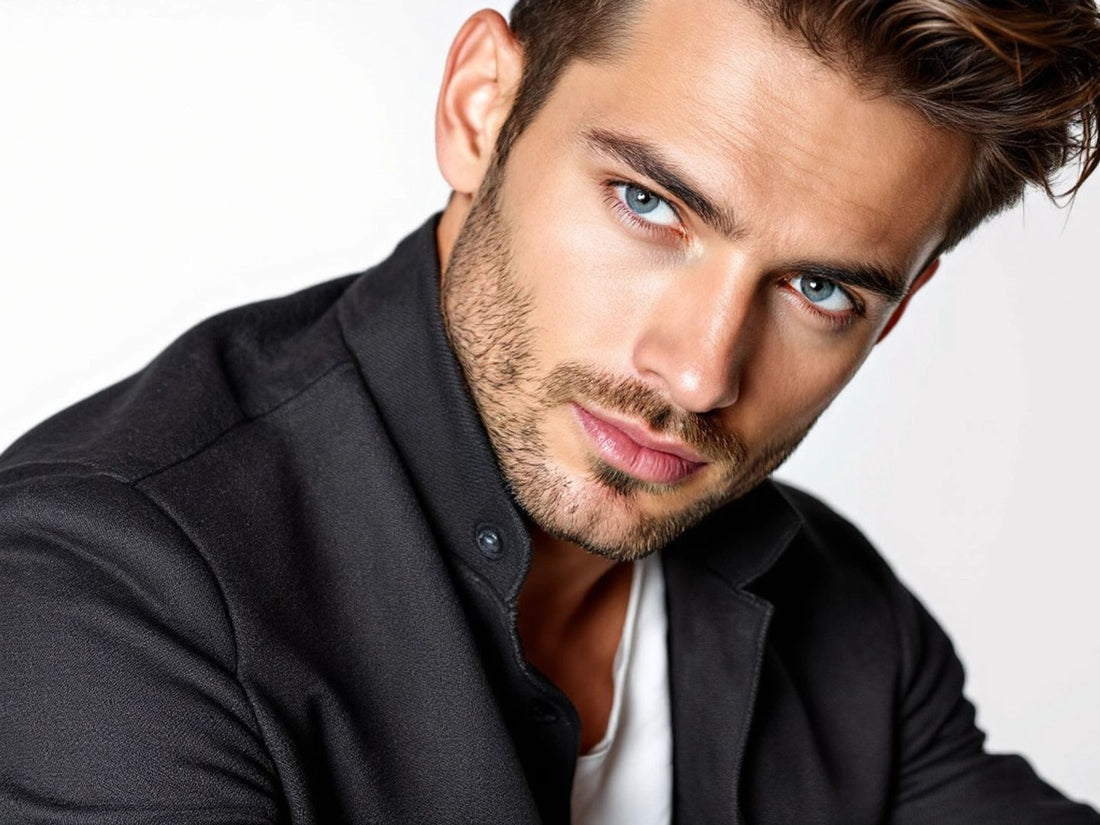Stylish man with smooth hair and minimalist outfit.