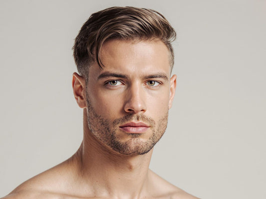 Man with modern, clean haircut; neutral background.