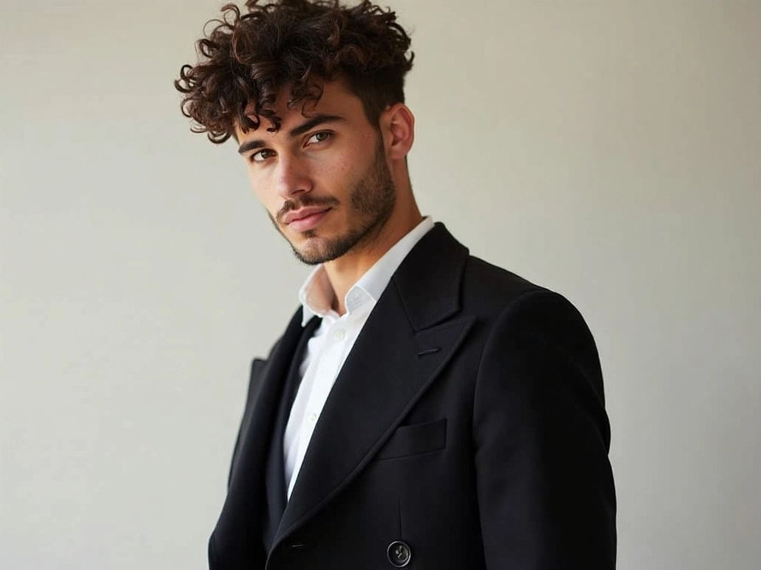 Stylish man with short curly hair in soft lighting.