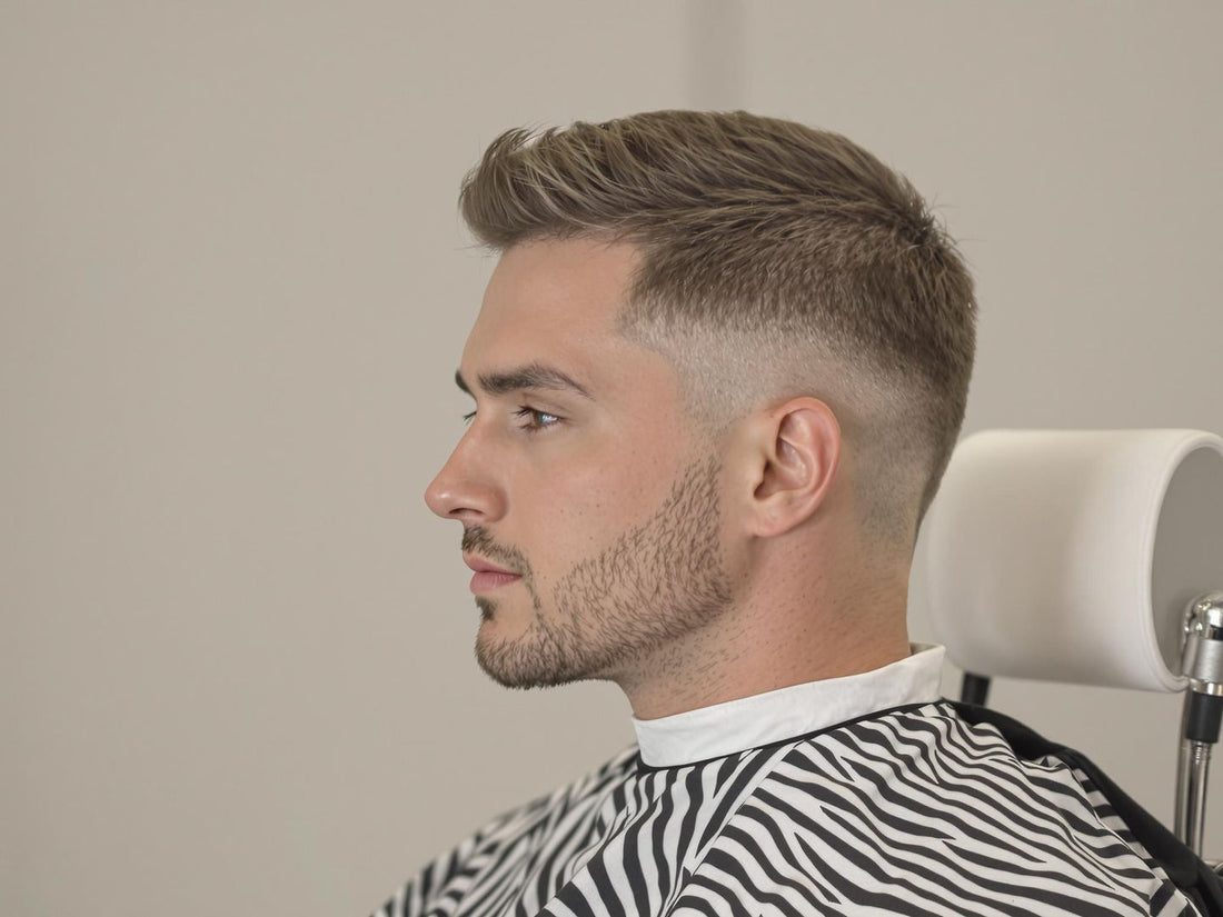 Man with clean haircut in minimalist salon, soft lighting