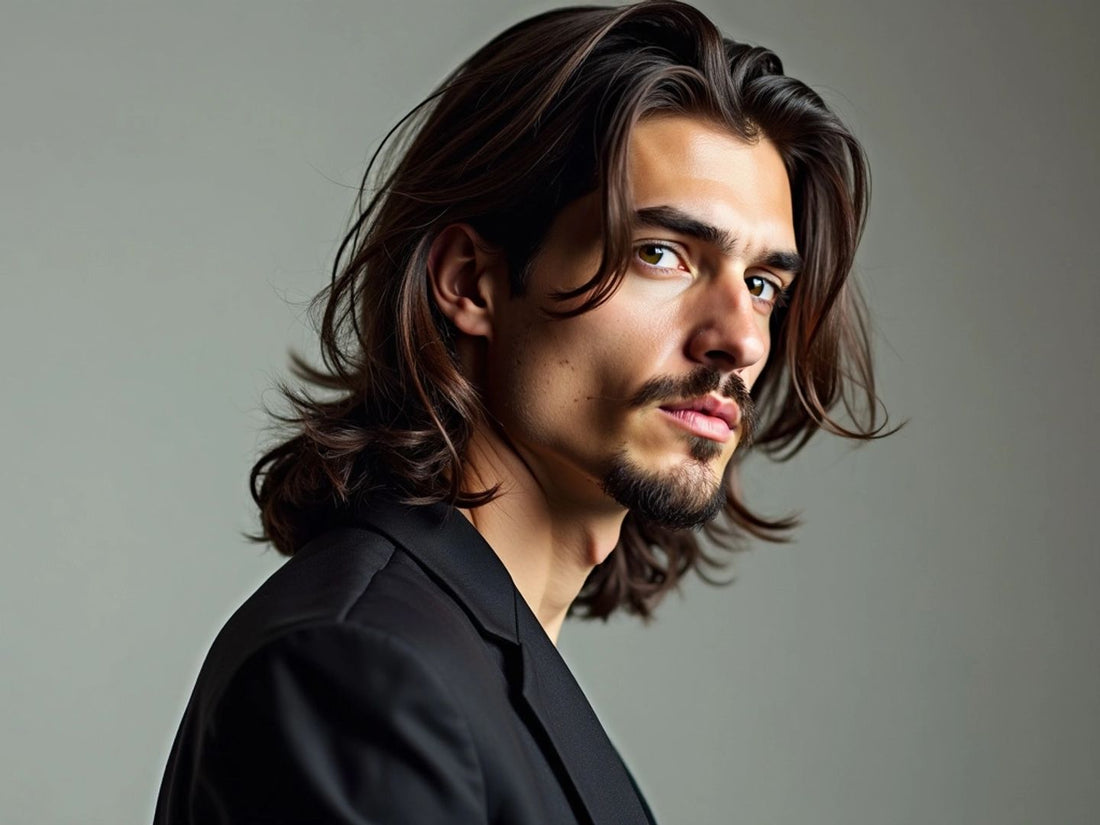 Sophisticated man with long hair in minimalist style.