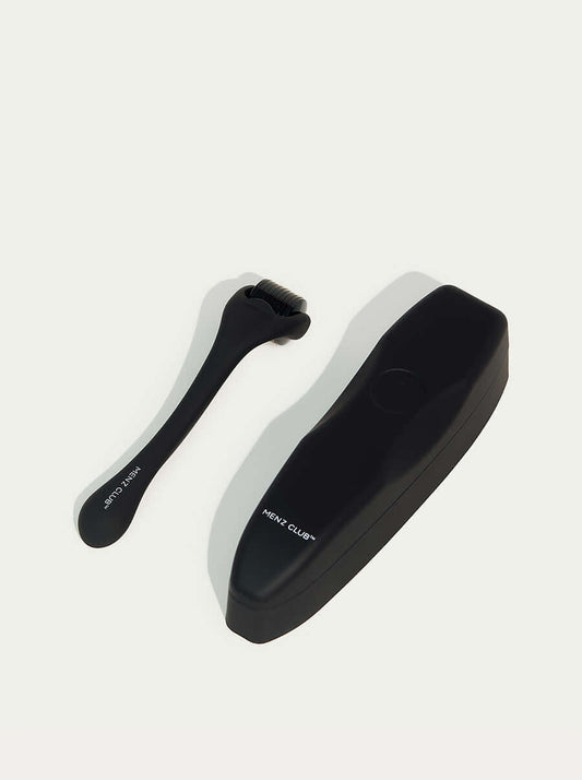 Black microneedling beard roller with case for thickening and revitalizing facial hair follicles