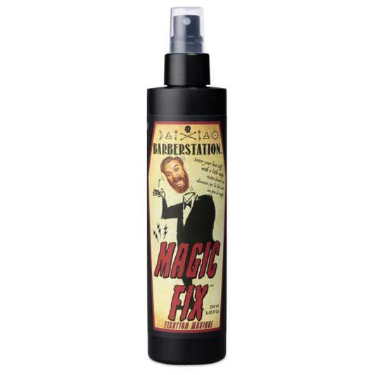 Barberstation Magic Fix styling spray bottle for barbers, featuring strong hold and natural finish for flawless haircuts.