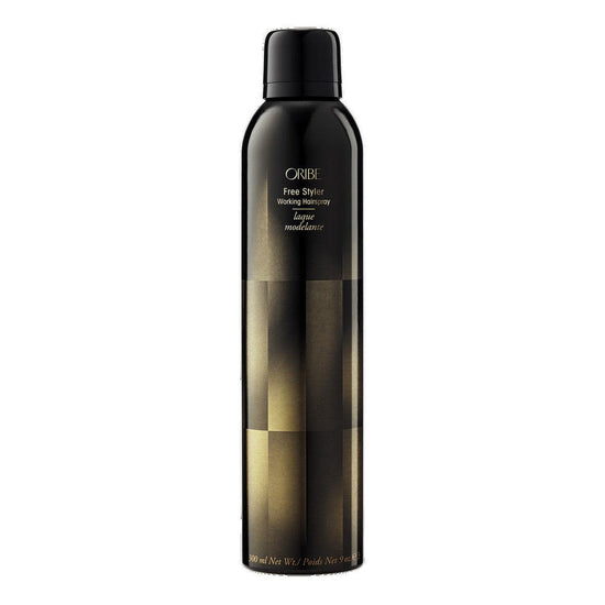 Oribe Free Styler Working Hairspray canister with a sleek black and gold design, designed for flexible styling and ultimate hold.