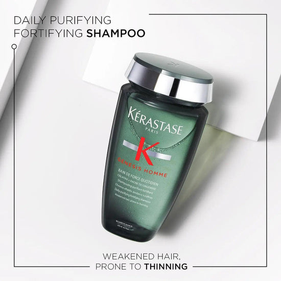 Kérastase Genesis Homme Bain de Force Quotidien Shampoo for men on white background, strengthening and purifying daily use shampoo.