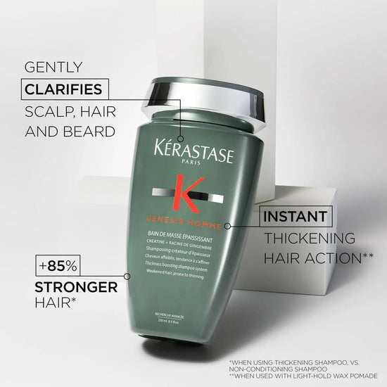 Kérastase Genesis Homme Bain De Masse Épaississant Shampoo bottle with benefits for scalp, hair, and beard, plus 85% stronger hair.
