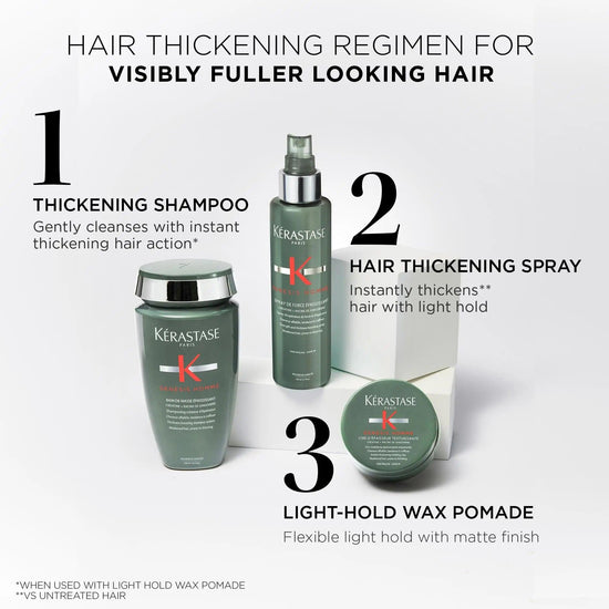 Kérastase Genesis Homme hair thickening regimen: thickening shampoo, hair thickening spray, light-hold wax pomade for fuller looking hair