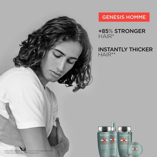 Man with thick, curly hair using Kérastase Genesis Homme Bain De Masse Épaississant Shampoo for stronger, thicker hair