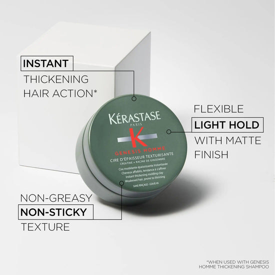 Kerastase Genesis Homme Cire d'Épaisseur Texturisante hair wax with descriptions of benefits and packaging.