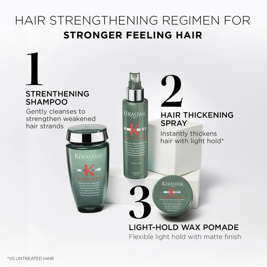 Kerastase hair strengthening regimen featuring shampoo, thickening spray, and light-hold wax pomade for stronger, voluminous hair.