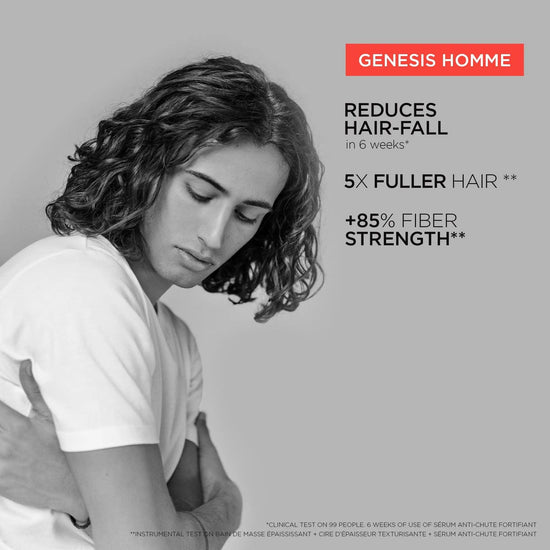Genesis Homme Serum Anti-Chute Fortifiant reduces hair fall, strengthens hair, and promotes fuller hair in men.