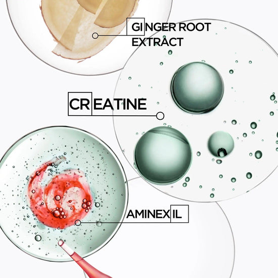 Close-up of Kerastase Genesis Homme Sérum ingredients including ginger root extract, creatine, and aminexil for combating hair thinning in men.