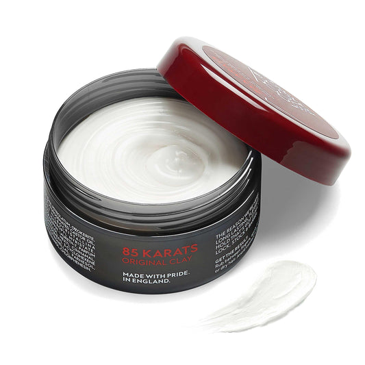 85 Karats Original Clay 3.53 Oz open jar displaying smooth styling clay with lid ajar, premium hair product for strong hold and matte finish.