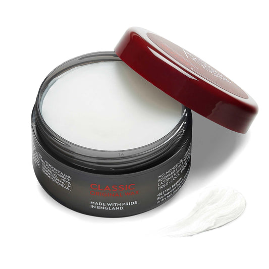 Classic Original Wax 3.53 Oz / 100 G with open lid showing white wax and text "Made with Pride in England."