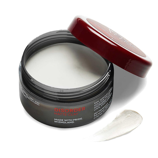 Disorder Matte Clay 3.53 Oz hair product with strong hold and matte finish for men, made in England, perfect for versatile styling.