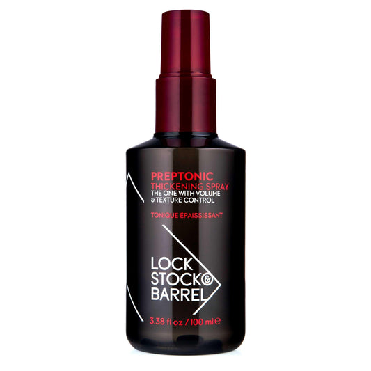 Preptonic Thickening Spray 100ml by Lock Stock & Barrel for voluminous, textured hair in a black and red bottle.