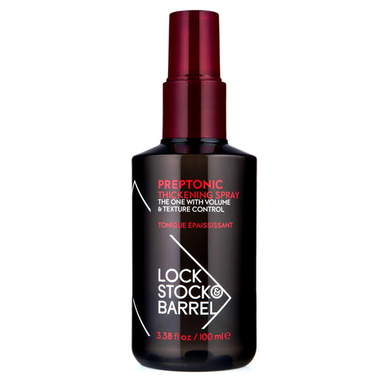 Preptonic Thickening Spray 100ml by Lock Stock & Barrel for voluminous, textured hair in a black and red bottle.
