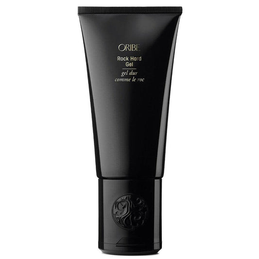 Oribe Rock Hard Gel strong-hold styling gel for long-lasting, high-shine finish in a sleek black tube packaging